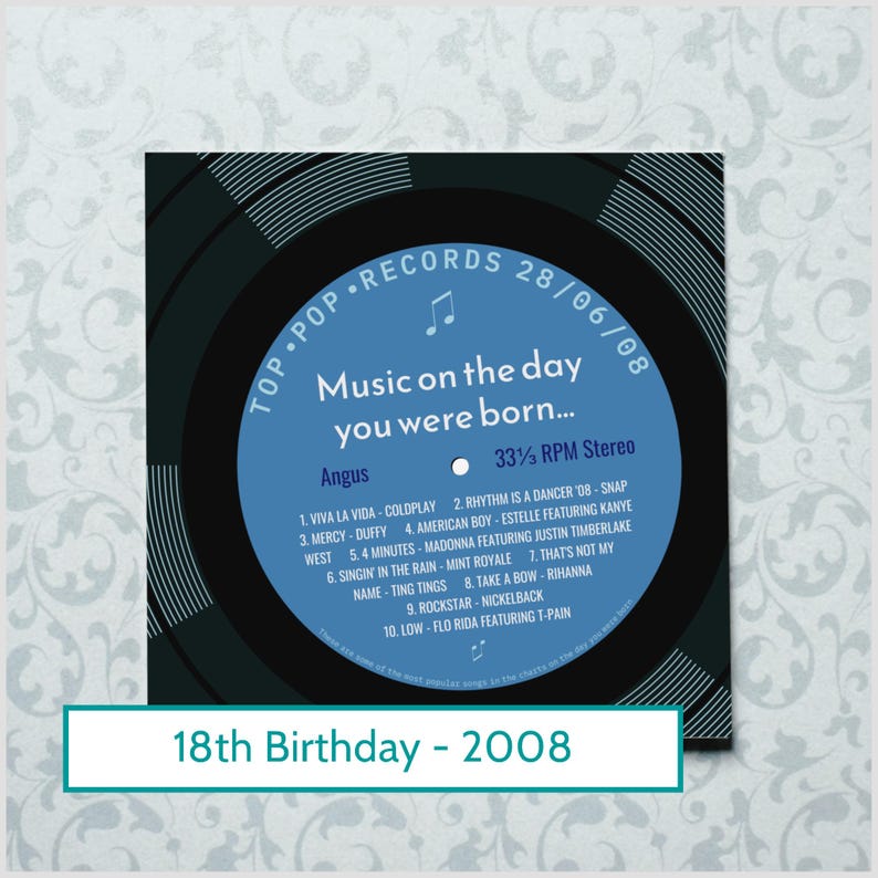 18th birthday card for boy or girl / born in 2008 / 18th birthday gift for son or daughter / 2008 music card / personalised card / record afbeelding 8