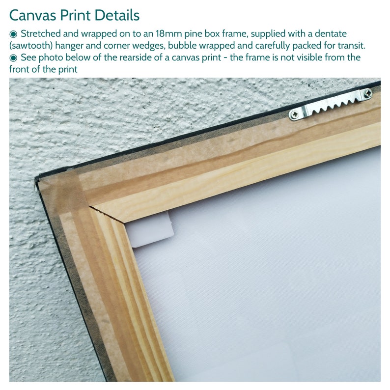 May include: Close-up of the back of a canvas print, showing the wooden frame, corner wedges, and a sawtooth hanger. The canvas is stretched and wrapped on an 18mm pine box frame. The text "Canvas Print Details" is visible.