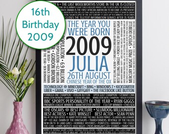Cadeau de 16e anniversaire pour garçon ou fille / Impression né en 2009 / Impression personnalisée de 16e anniversaire pour fils fille lui elle / 2009 fichier numérique pdf