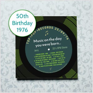 50th birthday card for man or woman / born in 1976 50th birthday gift for him or her / 1976 music personalised card / record label songs image 4