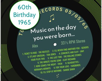 Carte d'anniversaire 60e anniversaire pour homme ou femme né en 1965, cadeau 60e anniversaire pour homme ou femme né en 1965, carte personnalisée musique de 1965, chansons de maison de disques