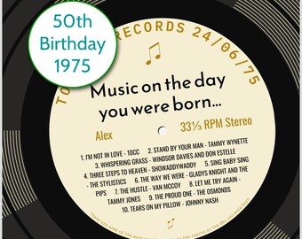 Carte de 50e anniversaire pour homme ou femme / né en 1975, cadeau de 50e anniversaire pour lui / elle / carte personnalisée musique de 1975 / chansons de maison de disques