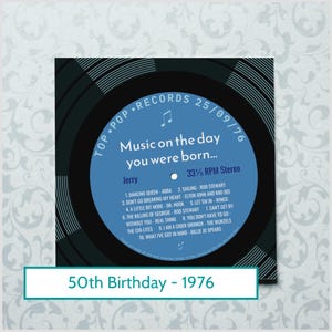 50th birthday card for man or woman / born in 1976 50th birthday gift for him or her / 1976 music personalised card / record label songs image 7