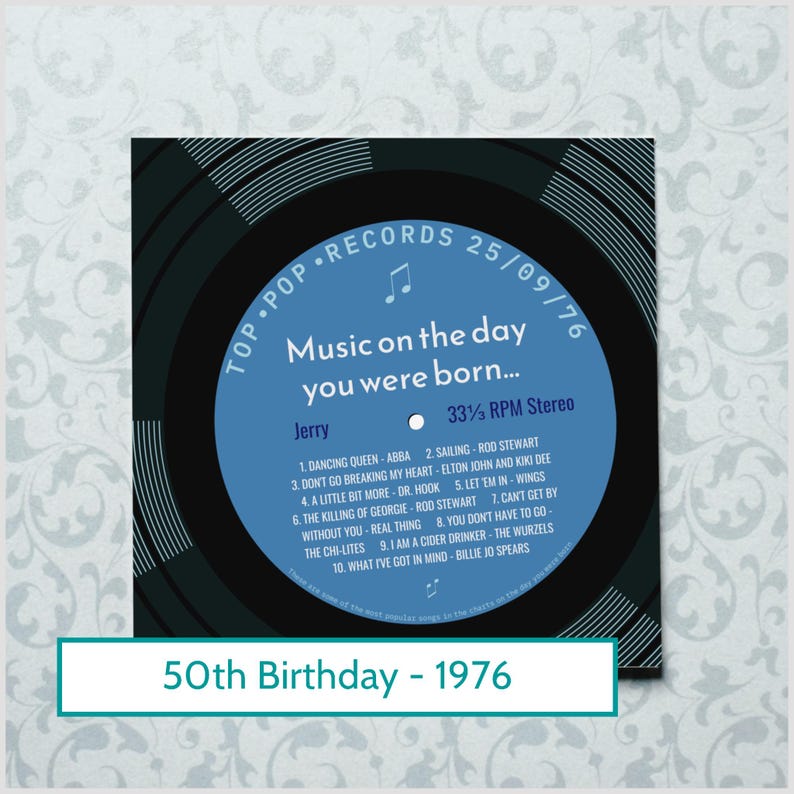 50th birthday card for man or woman / born in 1976 50th birthday gift for him or her / 1976 music personalised card / record label songs image 7