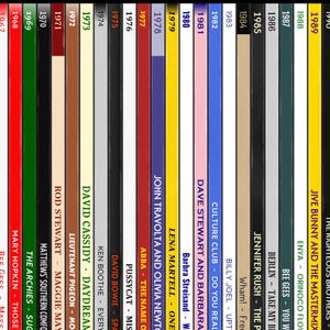 May include: A vertical display of album spines, each with the year and artist/album title. The color-coded spines span from 1967 to 1990, showcasing a variety of musical artists and albums from different eras.