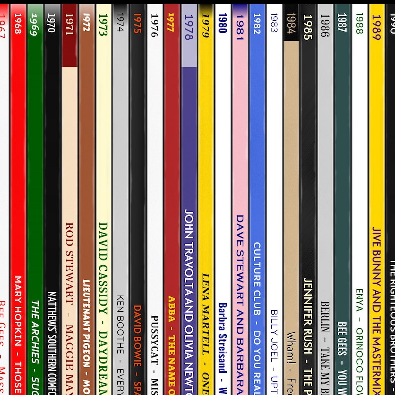 May include: A vertical display of album spines, each with the year and artist/album title. The color-coded spines span from 1967 to 1990, showcasing a variety of musical artists and albums from different eras.