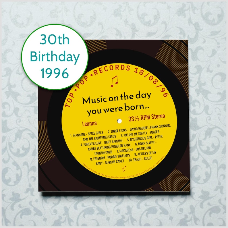 30th birthday card for him or her / born in 1996 30th birthday gift for son or daughter / 1996 music personalised birthday card / record image 10