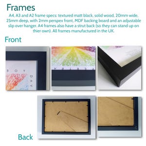 May include: Close-up shots of black framed artwork. The frames are made of solid wood, 20mm wide, and 25mm deep, with a perspex front. The back of the frame has a strut for standing. The text on the image says "Frames" and frame specifications.