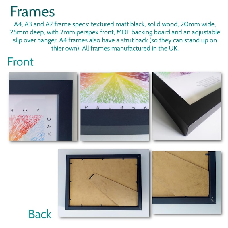 May include: Close-up shots of black framed artwork. The frames are made of solid wood, 20mm wide, and 25mm deep, with a perspex front. The back of the frame has a strut for standing. The text on the image says "Frames" and frame specifications.