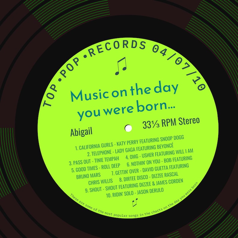 16th birthday card for boy or girl / born in 2010 16th birthday gift for son or daughter / 2010 music personalised card / record label songs bright green