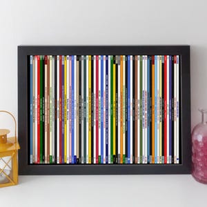 May include: Framed print featuring a collection of vintage vinyl record album spines. The spines display a variety of colors and text, including artist and album titles. The records are arranged in a neat row within a black frame.