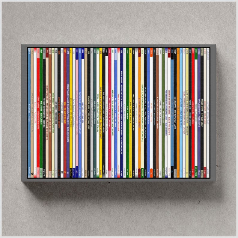 May include: A framed artwork featuring a collection of colorful vinyl record album spines. The spines display a variety of colors and text, with titles and artist names visible. The frame is a simple gray, and the artwork is mounted on a light gray wall.