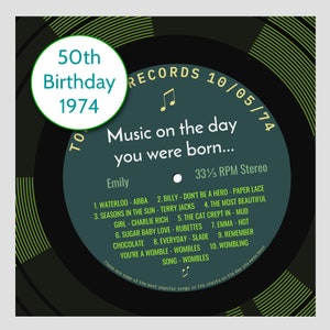 personalised 50th birthday card / born in 1974 retro music greetings card / for him her mum dad uncle aunt / top ten songs record label