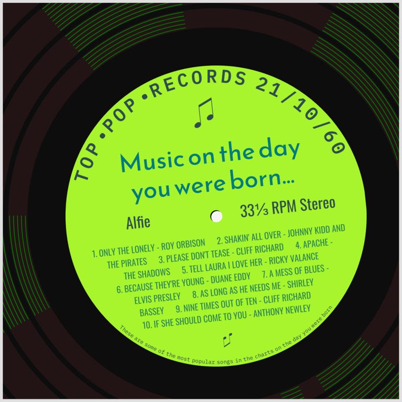 Carte d'anniversaire 65e anniversaire pour homme ou femme né en 1960, cadeau 65e anniversaire pour homme ou femme, né en 1960, carte musicale personnalisée, chansons de maison de disques bright green