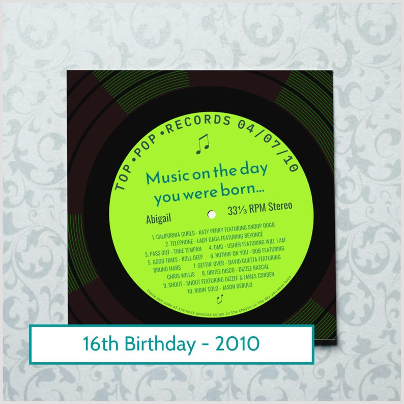 16th birthday card for boy or girl / born in 2010 16th birthday gift for son or daughter / 2010 music personalised card / record label songs image 6