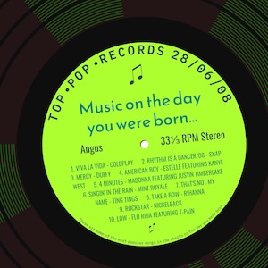 18th birthday card for boy or girl / born in 2008 / 18th birthday gift for son or daughter / 2008 music card / personalised card / record bright green