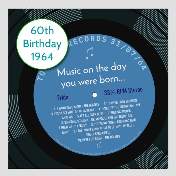 personalised 60th birthday card / born in 1964 retro music greetings card / for dad mum grandad gran granny him her / top ten songs record