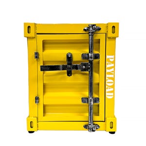 May include: Yellow metal storage cabinet with a metal door and a latch. The door has a white label that says "PAYLOAD".