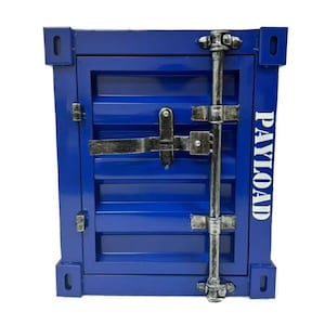 May include: A blue metal cabinet with a door that has a latch and a hasp. The door is closed and has the word "PAYLOAD" printed on it.