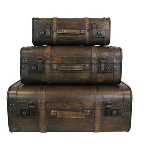 Brown Wooden Suitcase Set with Classic Metal Latch. Set of 3.