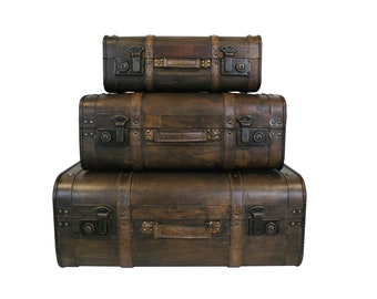 Brown Wooden Suitcase Set with Classic Metal Latch. Set of 3.