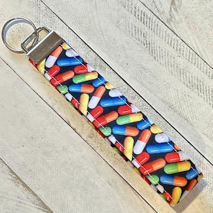 Pills Key Fob Cotton Wristlets | Fabric Handmade Keychain for Keys | Fun, Colorful Key Holder | Pharmacy | Pharmacist | Medical Mini Lanyard
