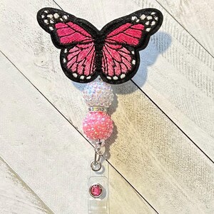Pink Rhinestone Monarch Butterfly Badge Reel | ID Insect Badge Reel for Work | Badge Clip Lanyard | Sparkly Bling Retractable Beaded Reel