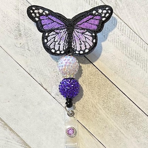Lila Strass Schmetterling Abzeichen Reel | Abzeichen Reel für die Arbeit | Abzeichen Clip Lanyard | Sparkly Bling einziehbare Perlen Reel