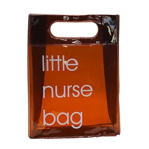 May include: A transparent orange tote bag with a rectangular shape and a handle at the top. The words "little nurse bag" are printed in white, stacked vertically on the front of the bag.