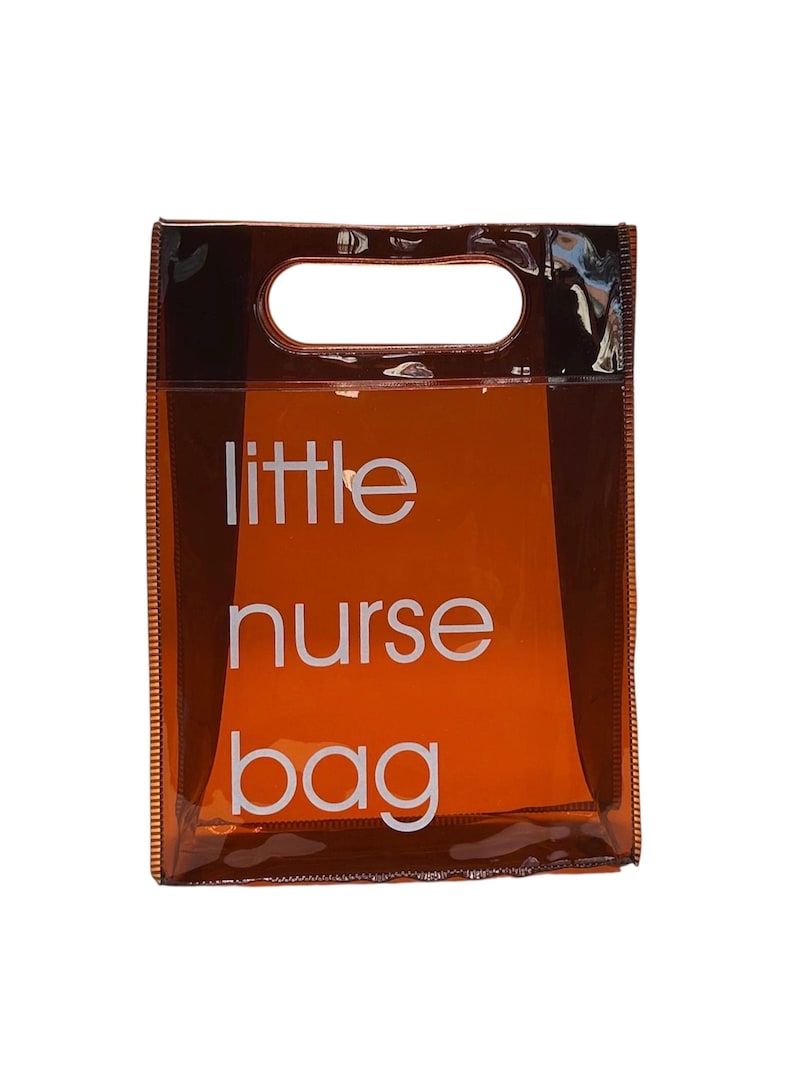 May include: A transparent orange tote bag with a rectangular shape and a handle at the top. The words "little nurse bag" are printed in white, stacked vertically on the front of the bag.