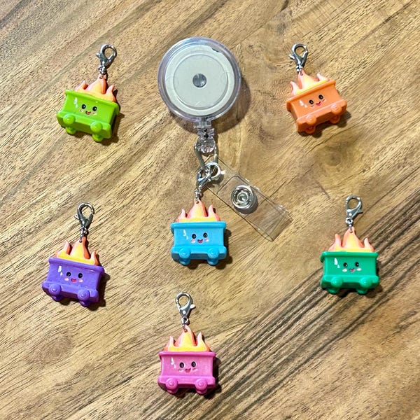 Happy Dumpster Fire Charms for Badge Reel | Funny Badge Buddy Keychain Accessory | Fun Work Charms | Gift for Nurses | Kawaii Cute