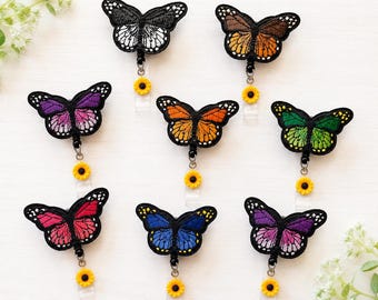 Porta credenciales de mariposa monarca / Porta credenciales de girasol / Soporte para credenciales de enfermera / Clip retráctil para credenciales / Regalo para maestros de CNA