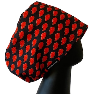 Anime Red Clouds Euro Style Scrub Cap Adjustable Toggle | OR Nurse Doctor | Pony Surgical Cap | Ponytail Medical Hair Caps | Satin Lined