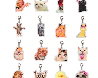 May include: A collection of sixteen acrylic charms featuring various internet meme animals and characters, each equipped with a silver-toned metal lobster clasp for attachment. The charms display colorful photographic prints of cats, hamsters, a duck, a dog, and a raccoon.