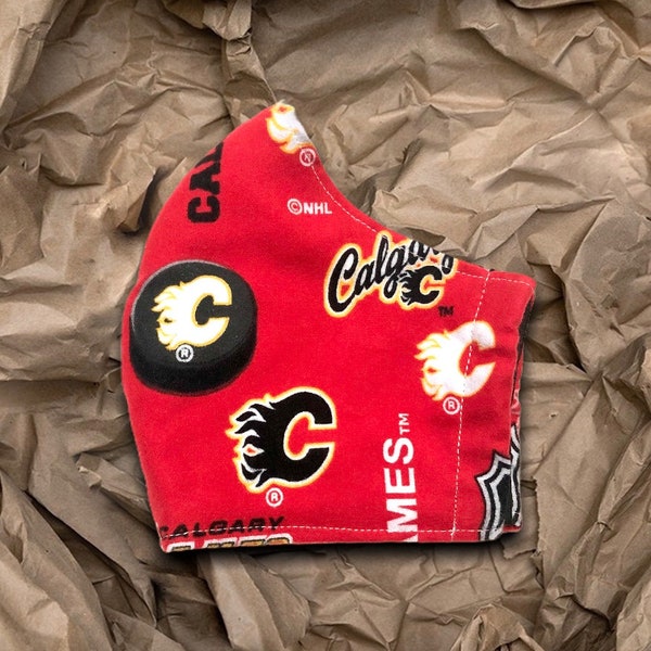 Handmade NHL Calgary Flames Face Mask with filter pocket adjustable ear loops for adults and kids