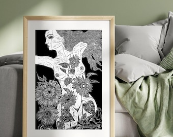 Sunflowers | Original Linocut Print | Botanical Artwork Black & White Etching Hand-pulled Wall Art Decor Linoprint