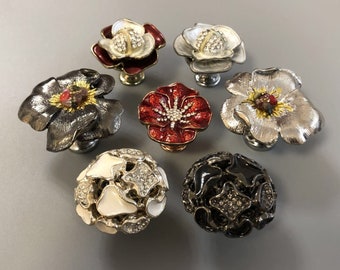 New 6 Silver FLOWER Rhinestone Crystal Knobs Handles XXLarge