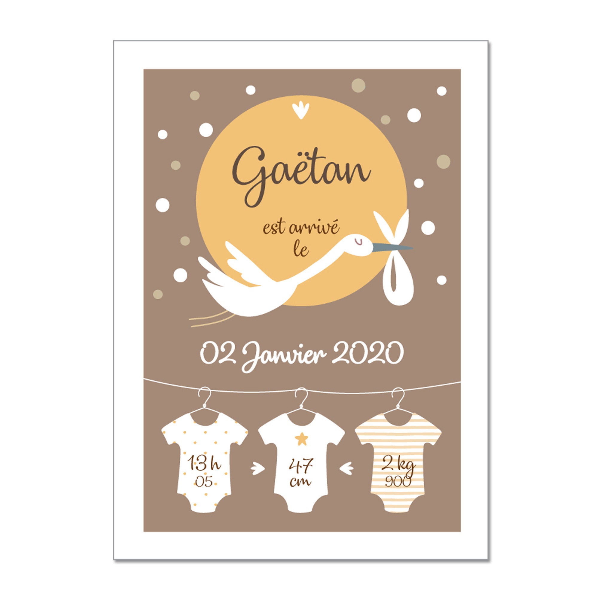 Poster Souvenir - Cadeaux Naissance Cigogne Little Boy Personnalisable avec Les Informations de L'en