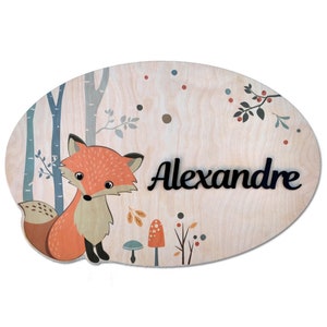 Wooden door plaque forest animals customizable with your child's first name Wood 29 x 19 cm Noir