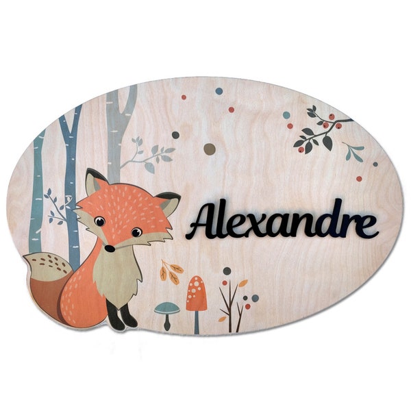 Plaque de porte en bois "les animaux de la forêt" personnalisable au prénom de votre enfant - Bois - 29 x 19 cm