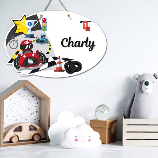 Plaque de Porte Voiture de Course Chambre Enfant - Pancarte Personnalisée en Plexi - Décoration Enfant Pilote de Voiture de Course