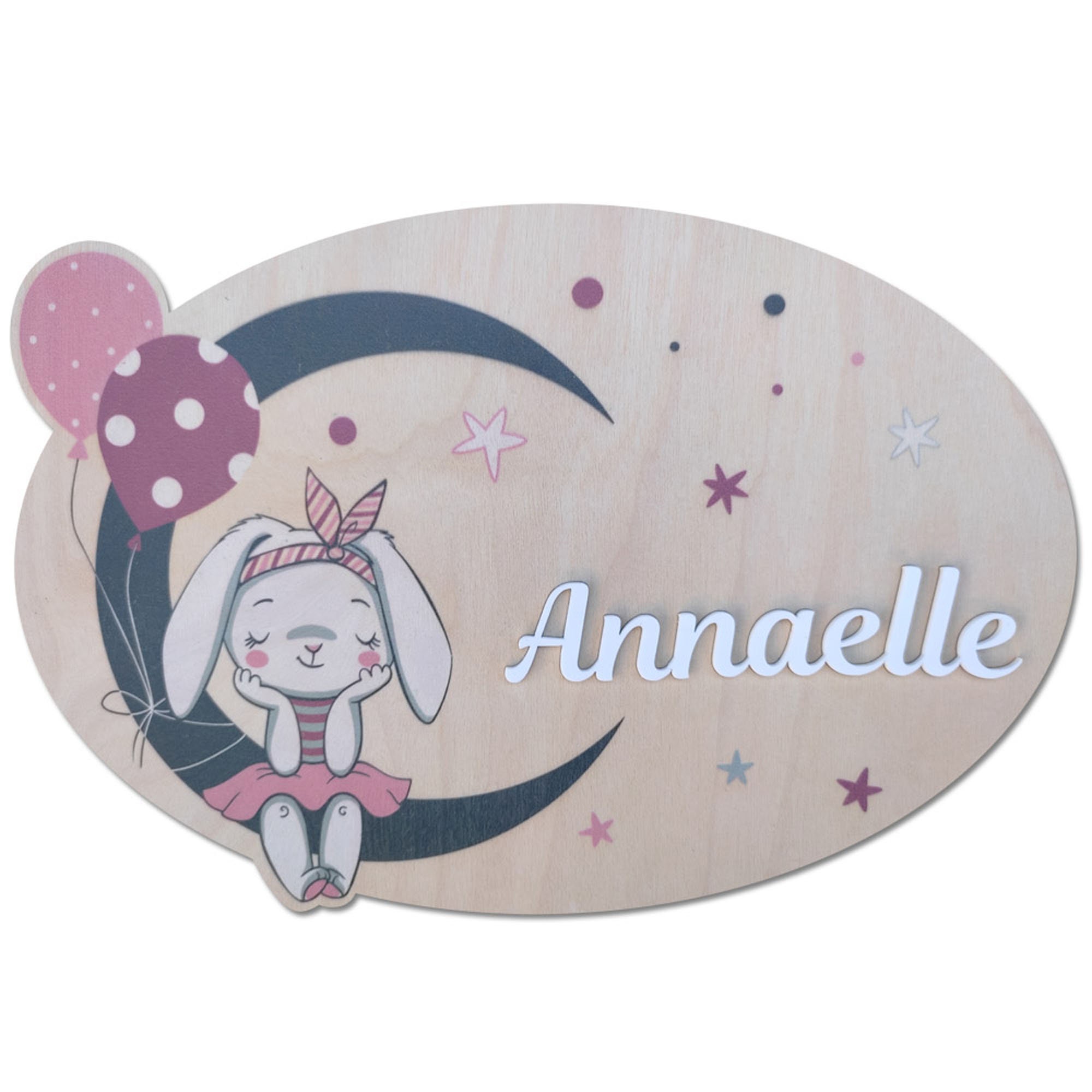 Plaque de Porte en Bois Lapin Personnalisable Au Prénom Votre Enfant - Bois Bouleau 29 X 19 cm