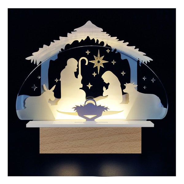 Crèche de Noël lumineuse, scène 3D de la nativité en LED.