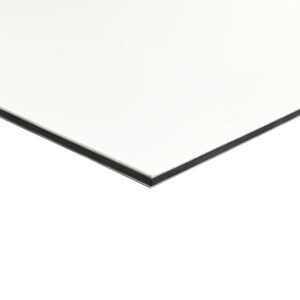 May include: A white rectangular panel with a black border. The panel is angled, showing the edge and a portion of the surface. The surface is smooth and reflective, with a clean, modern aesthetic. The black border adds contrast to the white surface.