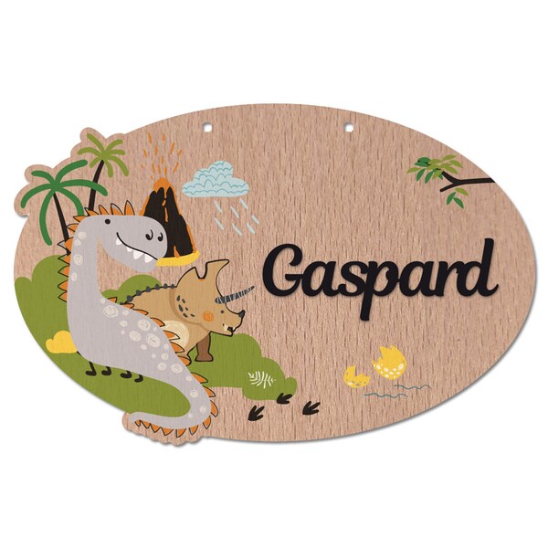 Plaque de Porte Dinosaure pour Chambre Enfant - Pancarte à personnaliser avec le prénom - Bois - Décoration Enfant Dino