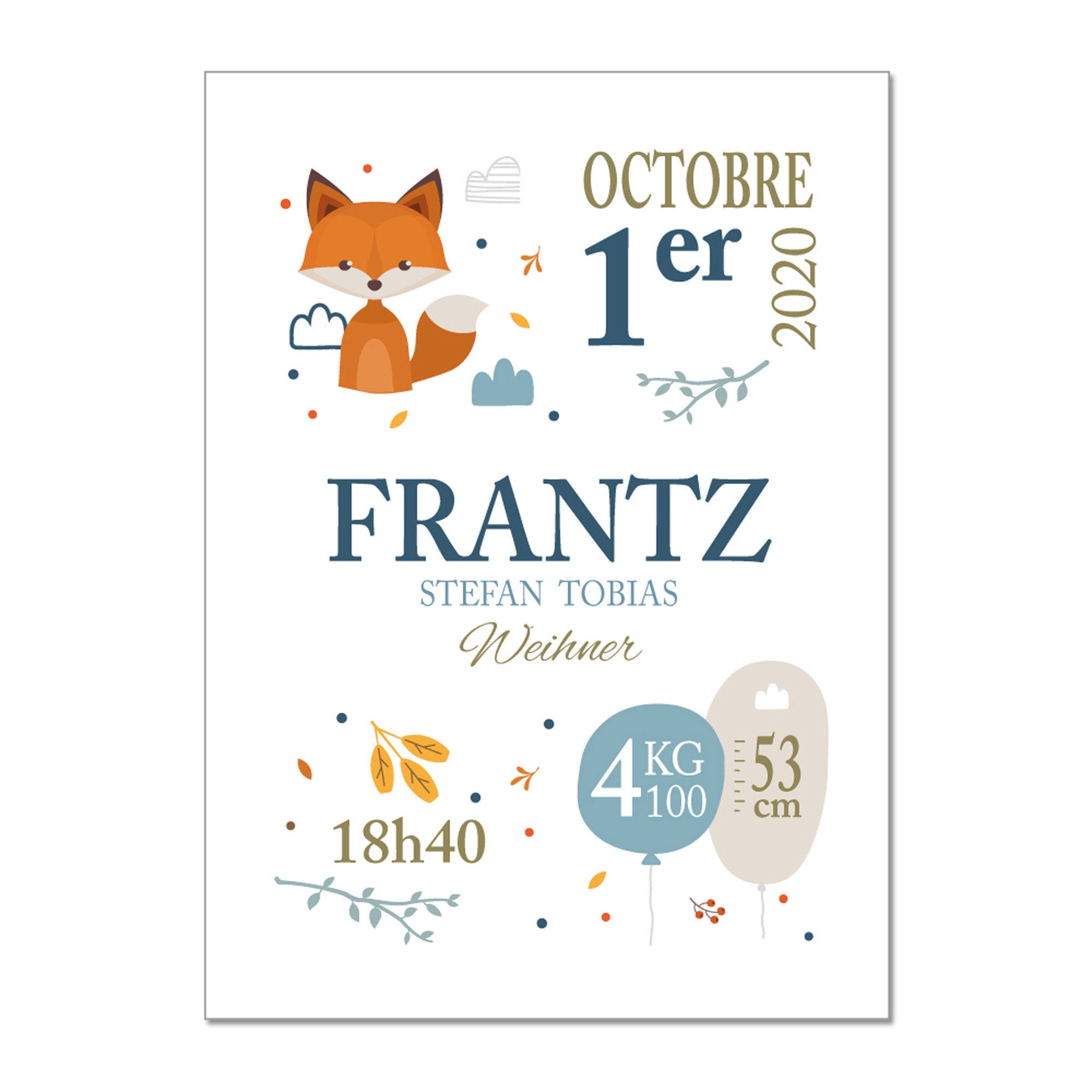 Poster Souvenir - Cadeaux Naissance Little Foxy Personnalisable avec Les Informations de L'enfant |