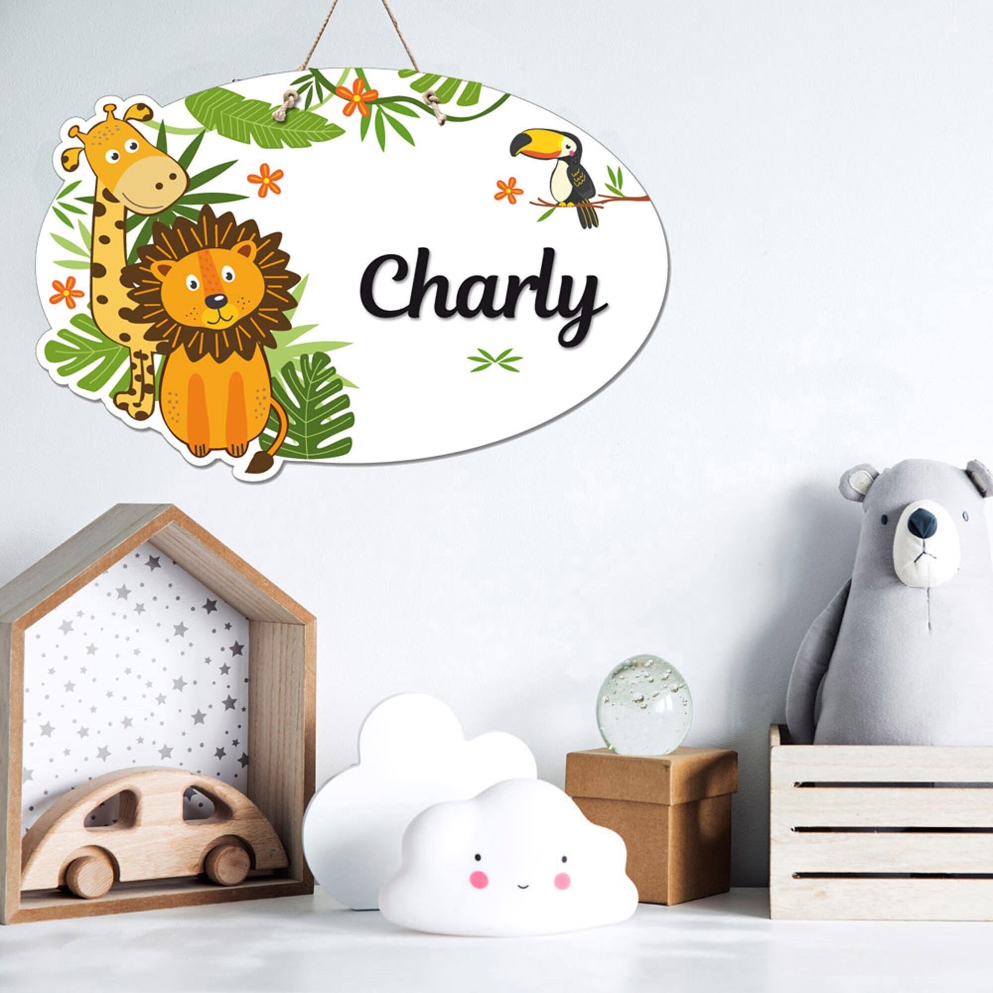Plaque de Porte Jungle Chambre Enfant - Pancarte Chambre à Personnaliser Décoration Animaux