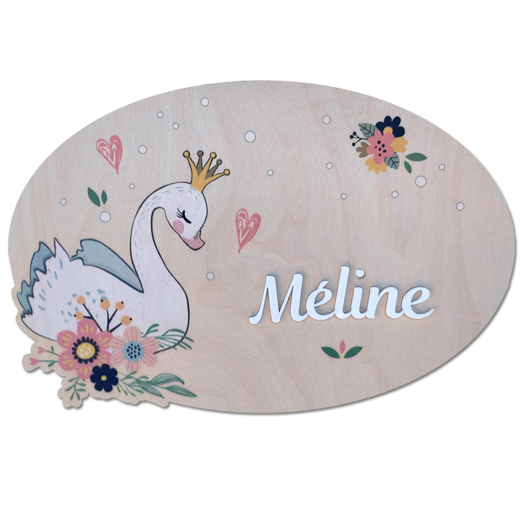 Plaque de Porte en Bois Cygne Personnalisable Au Prénom Votre Enfant - Bois 29 X 19 cm