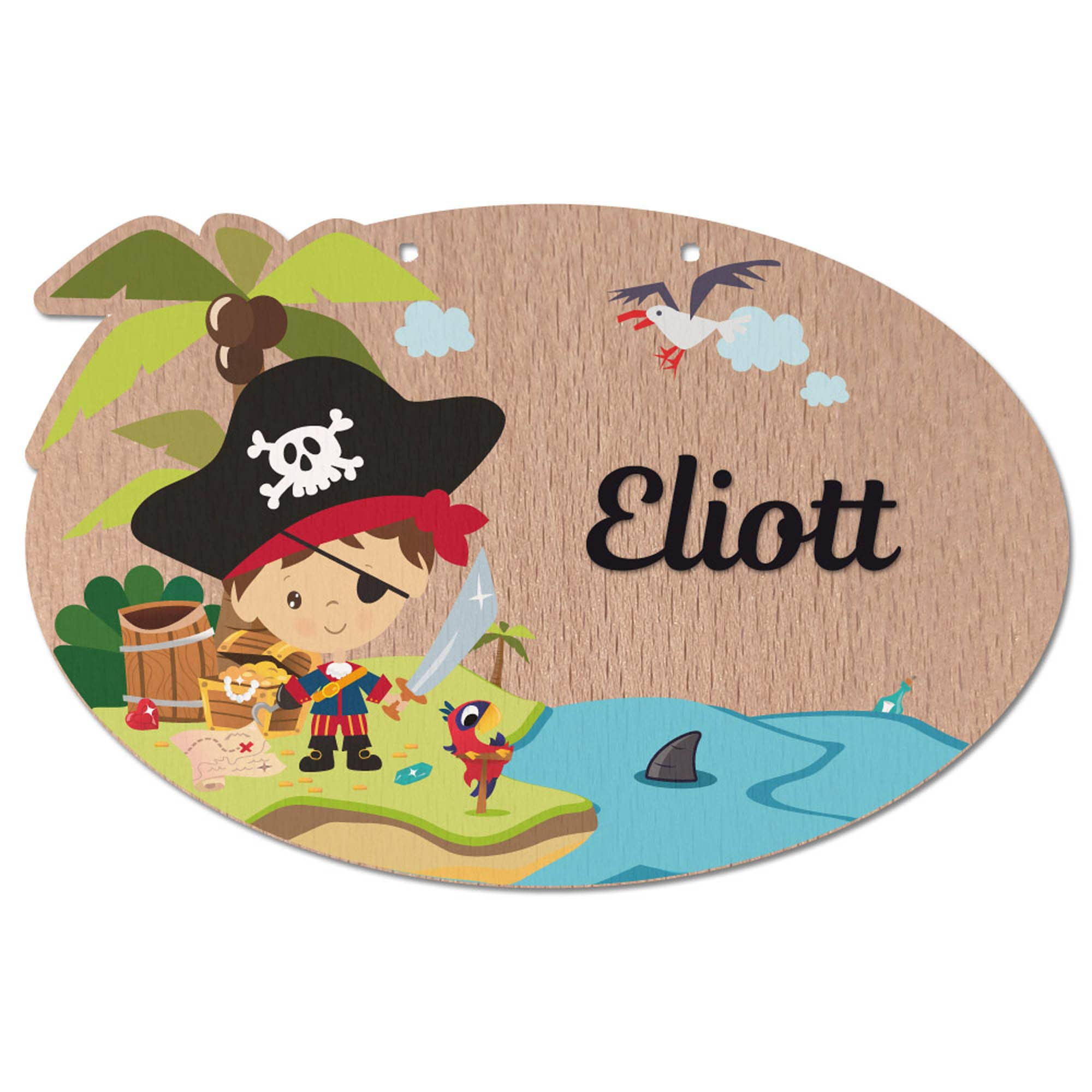 Plaque de Porte en Bois Pirate Personnalisable Au Prénom Votre Enfant - Bois 29 X 19 cm