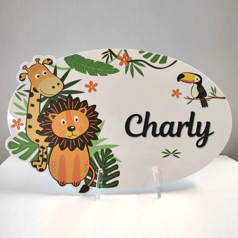 Plaque De Porte Personnalisée Jungle Pour Chambre D'enfant - Plexiglas Avec Prénom En Relief - Décoration Savane - Fabriquée En France